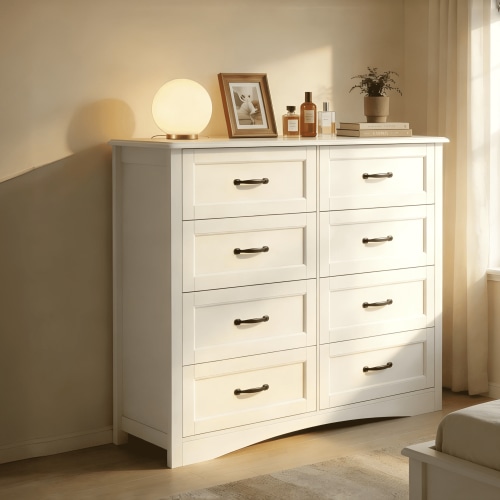 Lofka Dresser for Bedroom with 8 Drawers, Wooden Chest with Metal Handle for Living Room, White