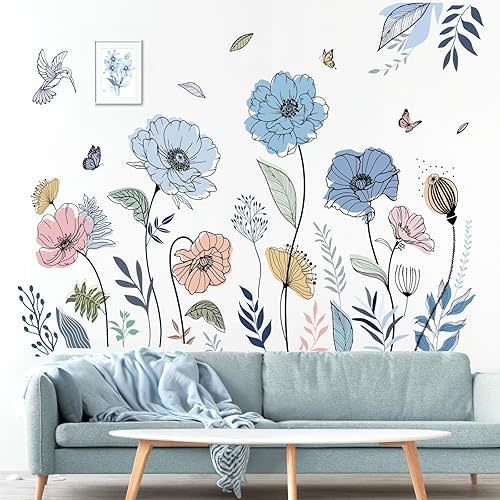 wondever Blue Boho Flower Wall Stickers Floral Grass Butterfly Peel and Stick Wall Art Decals for Living Room Bedroom TV Wall