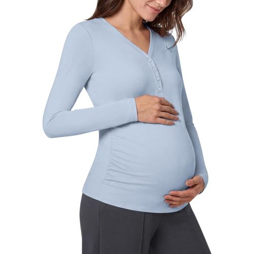 G4Free Lyocell Maternity Shirts Long Sleeve Button Front Henley Neck Ruched
