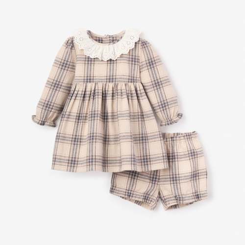 Neutral Plaid Eyelet Collared Dress + Bloomer – Elegant Baby