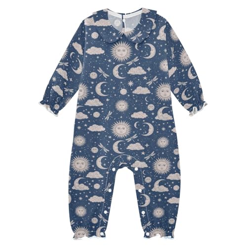 Emelivor Astronomy Sun Moon Blue Baby Girl Romper Clothes Newborn Girl Outfits for Fall Cotton Long Sleeve Jumpsuit,3M