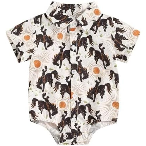 Western Baby Boy Clothes Horse Print Shirt Romper Short Sleeve Button Down Bodysuit Infant Gentleman Summer Outfit