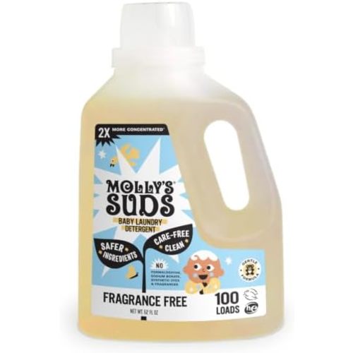Molly's Suds Baby Liquid Laundry Detergent | Removes Formula, Poop & Spit-Up Stains | Extra Gentle for Infants, Babies, Toddlers (Fragrance Free, 100 Loads)