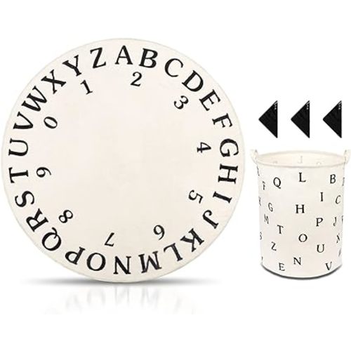 47 inch Round Kids Rug ABC Nursery Rugs for Playroom Bedroom,4ft White Circle Rugs with Storage Basket for Classroom,Cream Baby Play Mat with Carpet Gripper