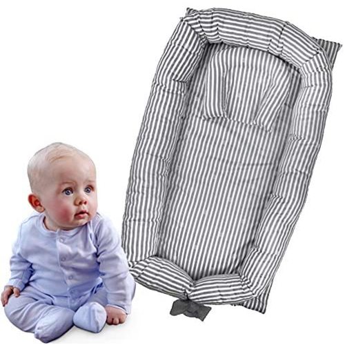 Brandream Baby Nest Bed Gray Striped Baby/Newborn Bassinet Bed Lounger, Gray Baby Portable Crib Super Soft Organic Cotton Breathable Newborn Lounger Gray - Perfect for Co-Sleeping, 0-24 Months - Grey Stripe