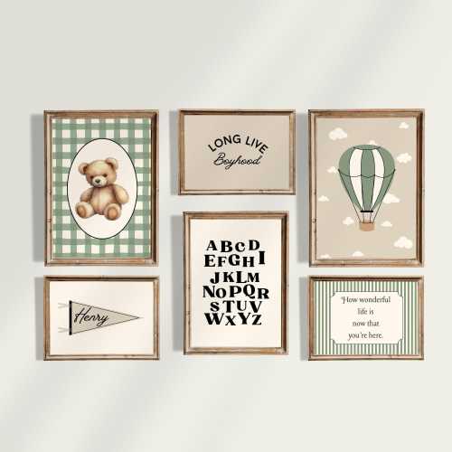 Boy Bear Nursery Gallery Wall, Bear Themed Bedroom, Vintage Teddy Bear Nursery, Classic Nursery Wall Hot Air Balloon Nursery Wall Art