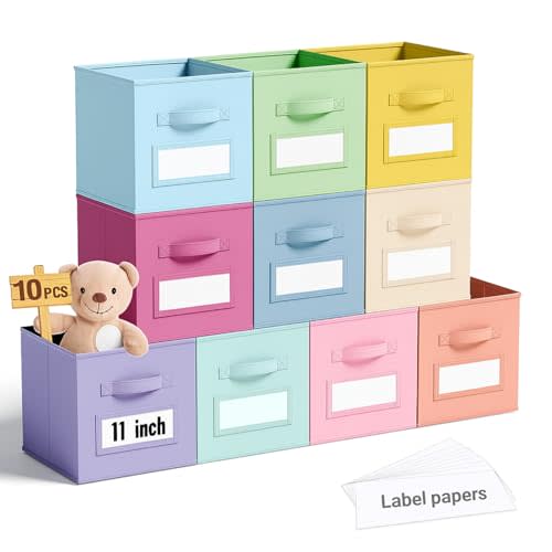 Teenyyou 10 Pack Fabric Storage Cubes 11 Inch Collapsible Cube Bins with Label Window & Handle Foldable Organizers Baskets for Shelf Closet Nursery Kids Room Clothes Book Toy(Macaroon)