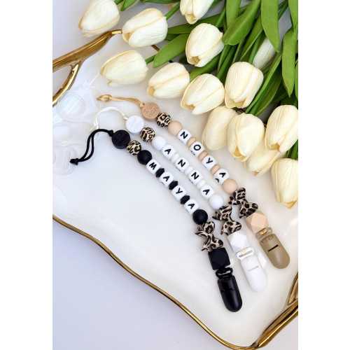 Personalized Leopard Pacifier Clip with MAM Adapter – Custom Baby Name Soother Holder