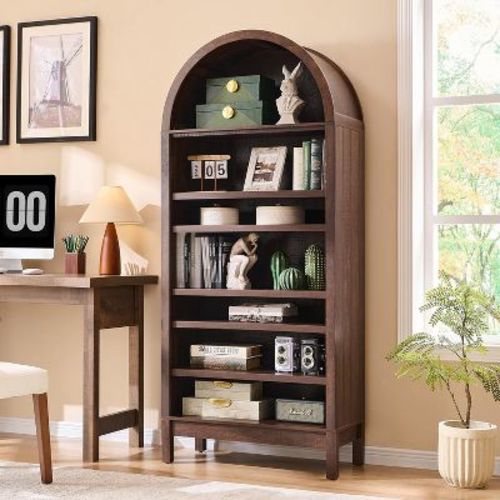 SinCiDo 71" Arched Bookshelf, 7 Tiers Bookshelf Storage Cabinet w/Adjustable Shelves, Wood Bookshelf w/Open Display Shelf for Home Office, Brown