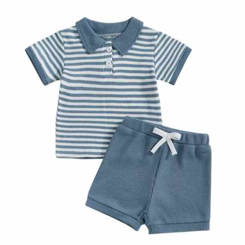 Blue Striped Collared Top and Blue Shorts Outfit Set- Baby and Toddler Boys