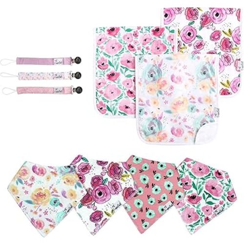Copper Pearl Essentials Bundle | Baby Burp Cloth Large 21"x10" Premium Absorbent Triple Layer 3 Pack | Baby Bandana Drool Bibs for Drooling and Teething 4 Pack | Binky Clip 3 Pack | Bloom