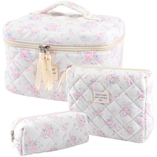 Large Quilted Makeup Bag for Women and Girls, Cute Coquette Floral Cotton Cosmetic Bag, Aesthetic Travel Organized Toiletry Bags (10-pink green flowers)