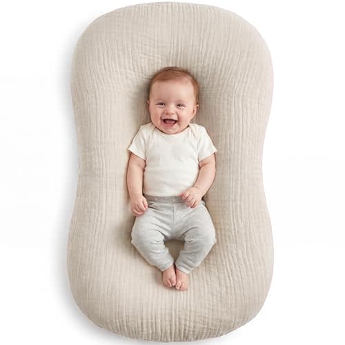 Muslin Baby Lounger Cover 1 Pack, Cotton Soft Breathable Infant Nest Slipcover, Envelope Closure, Compatible with Snuggle Me Loungers, Machine Washable, Cover Only, for Boys Girls(Beige)