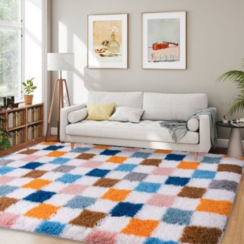 Super Soft Shaggy Area Rugs Fluffy Carpet, Modern Plush Area Rug for Living Room Bedroom Kids Room Colorful checkered 5x7 ft