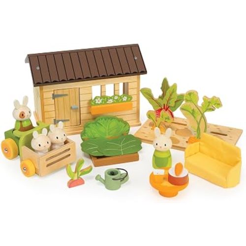 Tender Leaf Toys - Bunny’s Carrot Patch - 19pc Wooden Pretend Play Garden Set with Bunny Family, Veggies and Accessories - Encourages Imaginative Play and Storytelling - Age 3+