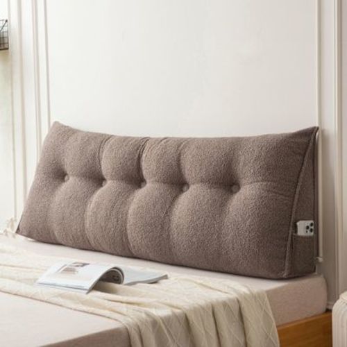 Bekrvio Teddy Velvet Headboard Pillow with Side Pocket, Soft Wedge Backrest Cushion with Removable Cover for Bed & Sofa,39.37”x7.9”x19.7”,Coffee
