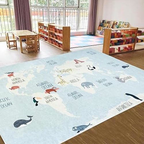 USTIDE Alfombra de área infantil con mapa del mundo, color azul, alfombra educativa para suelo de niños y niñas, lavable a máquina, para sala de estar, dormitorio, sala de juegos, 5 x 7 pies, color