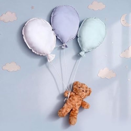 Gejoy 4 Pcs Nursery Wall Decor Fabric Balloon and Khaki Bear 11.8 x 9.8 Inch Oval Balloon Hanging Decoration Bedroom Decor for Baby Shower Boys Girls Gifts Home Accessories(Oval,Blue-toned)