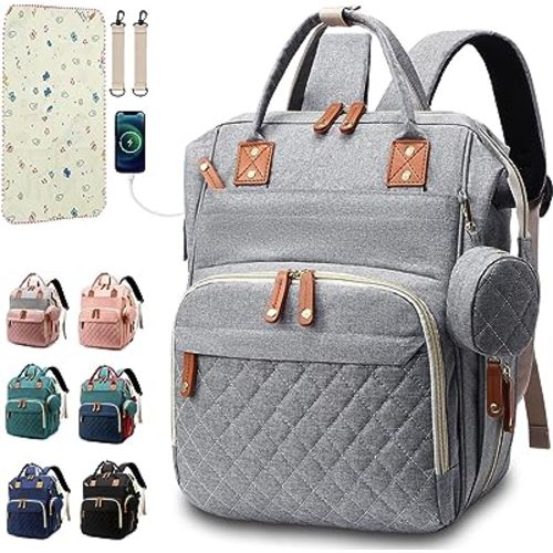 Diaper Bag Backpack Baby Bag, Baby Girl Boy Diaper Bag for Dad Mom with Pad, 16 Pockets, Pacifier Case, Large Diaper Bags Unisex for Travel (Grey)