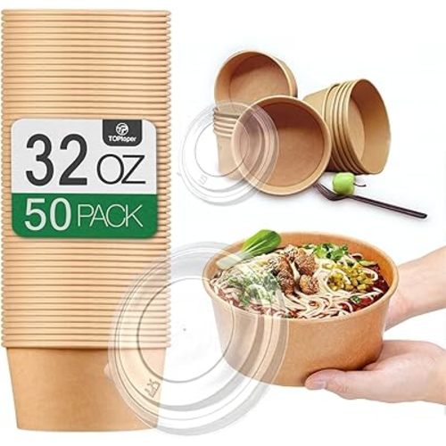 50 Pcs 32 Oz Large Paper Bowls with Lids, Disposable Soup Serving Bowls Bulk Party Supplies for Hot/Cold Food, Soup (32 OZ)