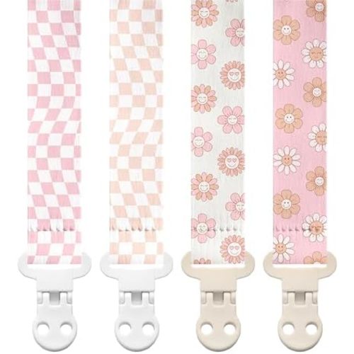 Stadela Baby Pacifier Clip Holder - Girl 4 Pack Gift Set – Retro Checker Smiley Flowers Floral Pink Beige Yellow