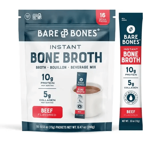 Bare Bones Beef Bone Broth Instant Powdered Mix Packets | 5g Collagen | 10g Protein | Keto & Paleo Friendly | No Artificial Flavors | Rich Savory on-the-go 16 Pack