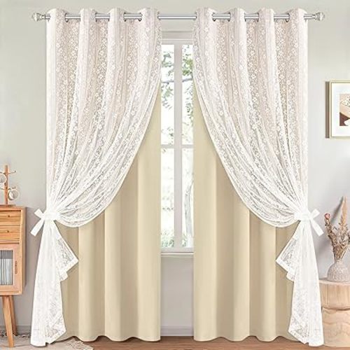 ASPMIZ Beige Blackout Curtains for Bedroom 84 inch Long, Double Layer Curtains for Living Room Light Blocking Grommet Drapes with Lace Overlay, Thermal Insulated Window Curtain Panels Set of 2, 52x84
