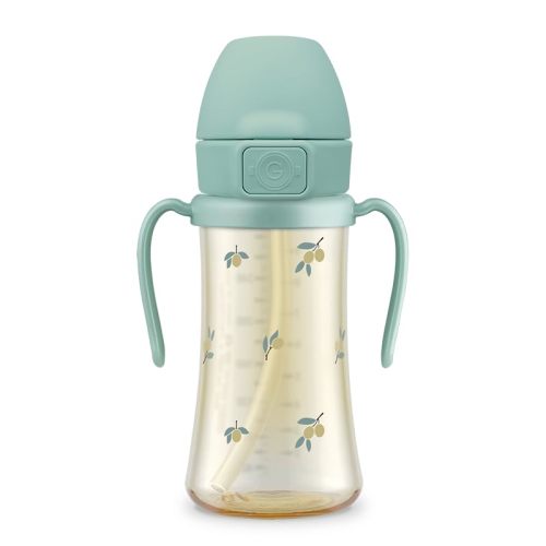 GROSMIMI PPSU Baby Straw Cup Stage 2, 12M+ Spill-Proof, 10oz (Olive) | Flip-Top | Babies & Toddlers 12+ Months | Removable Rotating Handles | Silicone Straw | BPA-Free Sippy Cup | 300ml