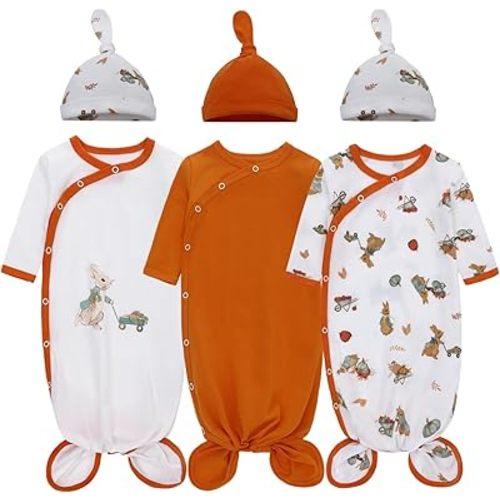 LAT Newborn Knotted Gown for Boy Girls,Baby Tie Gown Nightgown,Baby Sleeper with Matching Hat Set 3 Pack,Sleepwear Romper Sleeping Bags Outfits Home(Rabbit+Orange,0-3months)