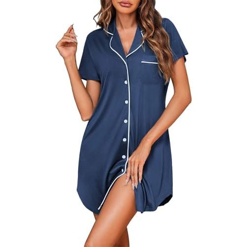 Ekouaer Womens Cotton Nightgowns Button Down Sleep Shirts Soft Night Shirts Night Dress
