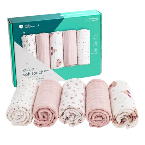 Koala Babycare 5 Pack 20"x10" Muslin Burp Cloths for Baby Boys and Girls - GOTS & Oeko-TEX Cotton Burp Rags for Newborns - Absorbent Neutral Burping Cloths for Feeding - Washable Baby Bibs Essentials