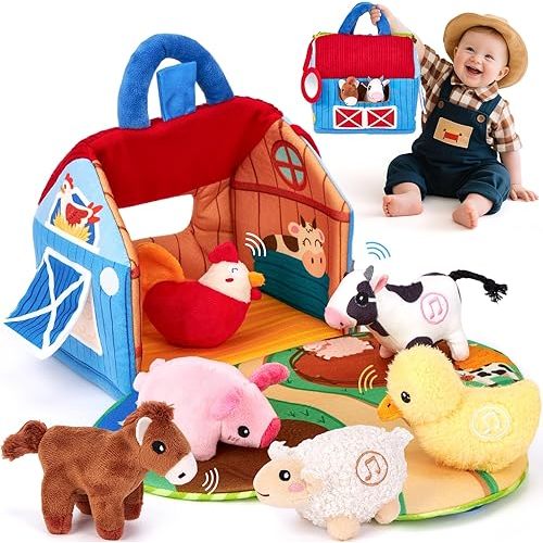 hahaland Baby Toys 6-12 Months - Surprise Barn with Stuffed Farm Animals with Real Sounds & Word Repeats, Mirror- Montessori Toys for 6 Month Old Baby 1 Year Old Boy Girl Gifts Toddlers Sensory Toy