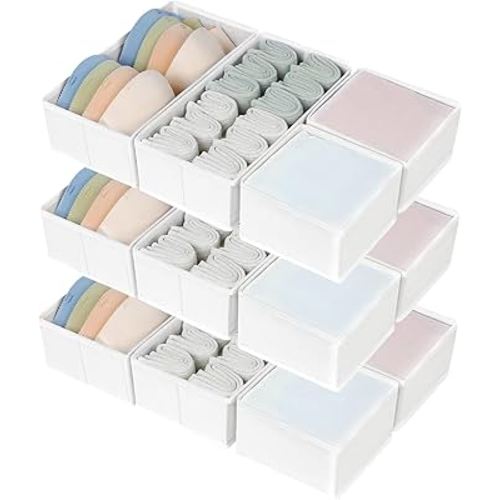 DIMJ Drawer Organizers Clothes, Set of 12 Dresser Organizer Bins, Fabric Closet Organizers and Storage, Shallow Drawer Dividers for Nursery, Clothing, Baby Clothes, Socks, Underwears, Tie (White)