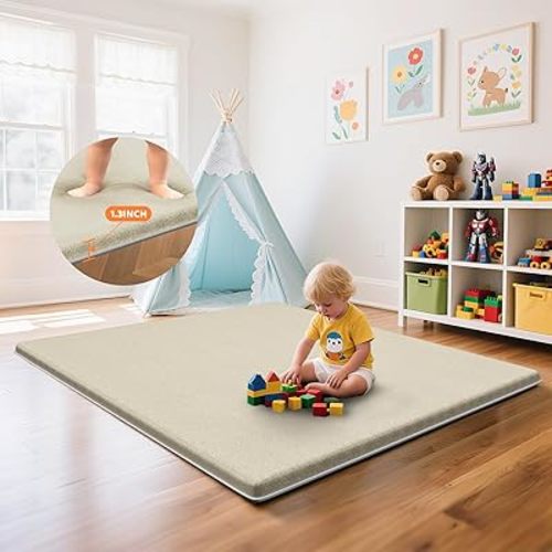 Omzer Baby Play Mat for Floor: Soft & Safe - 1.3'' Thick Foam Playpen Mat with Machine Washable Removable Coth Cover for Tummy Time- Non Slip Crawling Pad for Toddler,Infant,Kids(Khaki, 47''x 47'')