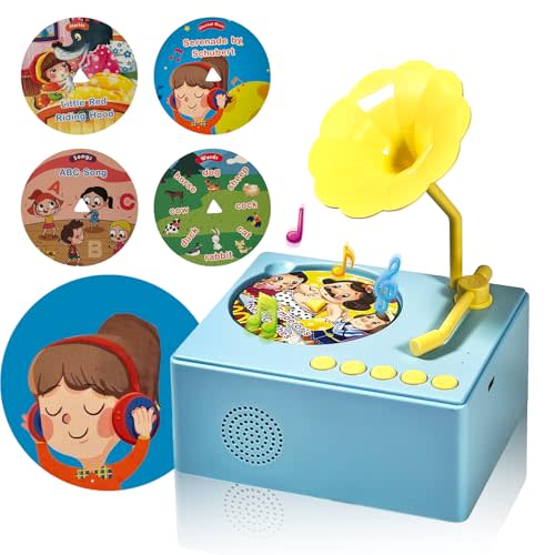 Kids Gramophone with 96 Learning Cards, Toddler Gramophone Music Toy, Kid Phonograph Toddler Record Player, Kid Gramophones, Children's Phonograph Story Music Player Gift Boys Girls (Blue)