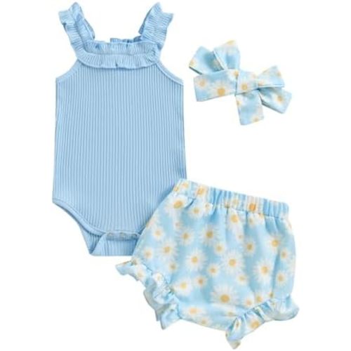 fhutpw Baby Girl Clothes Summer Cute Outfits 3 6 12 18 Months Spaghetti Strap Romper & Floarl Shorts Sets