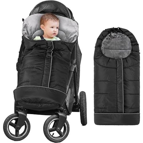 Yoofoss Stroller Cover for Winter, Toddler Stroller Footmuff Universal for Most Stroller, Water Resistant Warm Coral Baby Stroller Bunting Sleeping Bag (Black)