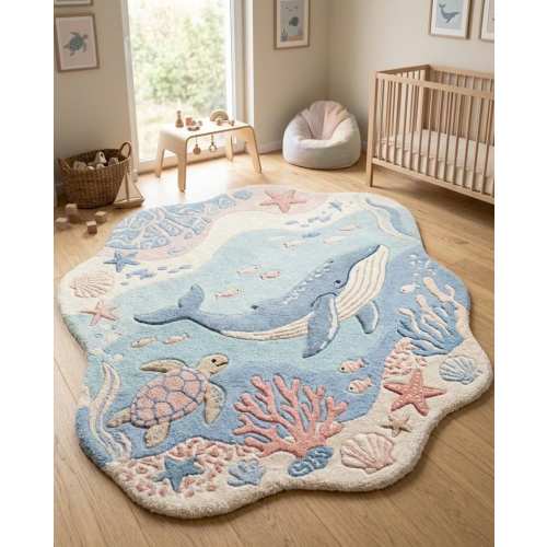Whale Nursery Rug | Ocean Kids Rug | Sea Life Tufted Rug | Coastal Baby Room Decor | Handmade Area Rug