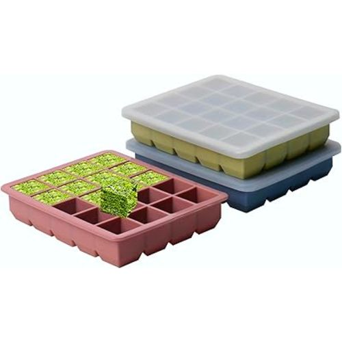 1 Tbsp Silicone Freezer Molds - Perfect for Storing Garlic, Herbs, Ginger, Pesto, Tomato Paste, Lemon Juice,Vegetable Purees,Purees and More - Silicone Food Freezer Tray (Multicolor 3 Pack)