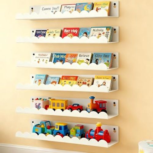 Nursery Book Shelves Set of 6, 16 Inch White Floating Shelves for Wall
