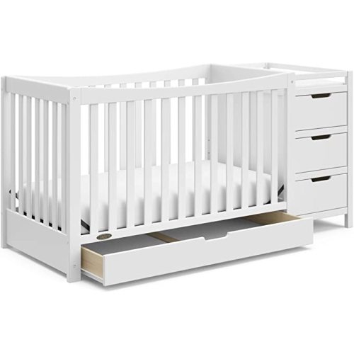 Graco Remi 4-in-1 Convertible Crib & Changer – GREENGUARD Gold Certified, Fits Standard Crib Mattress, Converts to Toddler Bed and Full Bed, 4 Adjustable Mattress Heights (White)