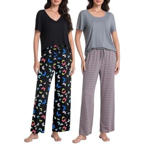 2 Pack Womens Pajama Set Short Sleeve Tops with Long Pants PJ Set Soft Lounge Sets for Women