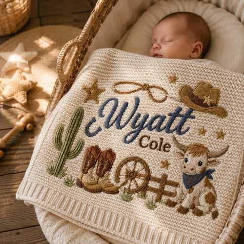 Personalized Cowboy Baby Blanket, Custom Name Knit Blanket, Embroidered Western Pony Nursery, Newborn Boy Baby Shower Gift