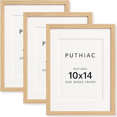 puthiac 10x14 Solid Oak Wood Picture Frame, Fits 8x10 with Mat or 10x14 Without Mat, Wall Display Only, Vertical or Horizontal, Plexi Front, 3 Pack, Natural Oak