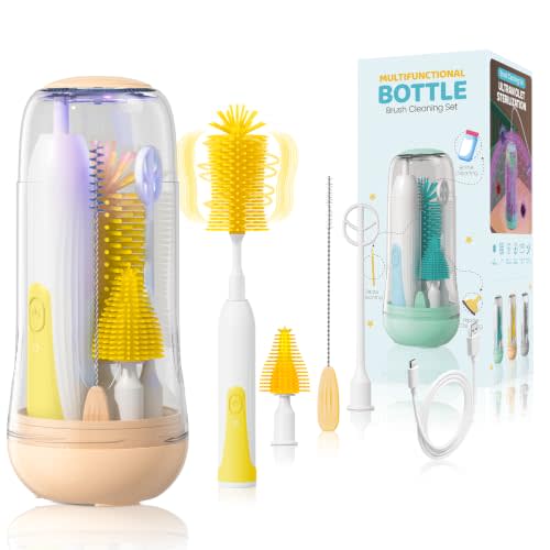 Portable Electric Bottle Brush Cleaner with Storage Box, 4-in-1 Kit | Bottle/Nipple/Straw Brush & Milk Frother, Drainage Rack, Rechargeable, Long Battery Life for Home & Travel, IPX7 Waterproof