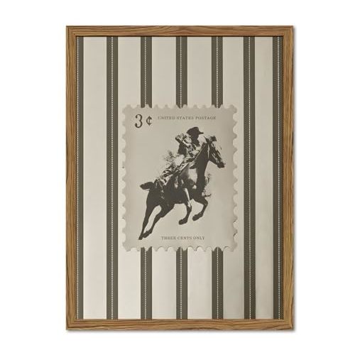 Vintage Western Wall Art Southwest Cowboy Wall Decor Pictures Mid Century Southwestern Striped Cowboy Riding Horse Poster Canvas Prints for Bedroom Living Room 12x16 inch Wood Framed