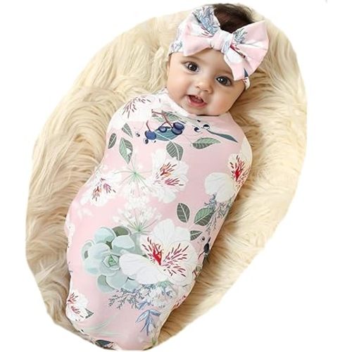Galabloomer Newborn Receiving Blanket Headband Set Flower Print Baby Swaddle Blankets (pearl floral)