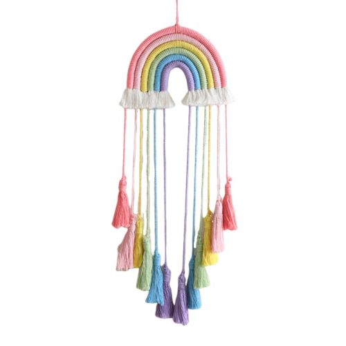 Rainbow Macrame Wall Hanging - Hand-Woven Cotton Tassel Tapestry Decor for Baby Room, Nursery, and Home Decor (Pink Rainbow)