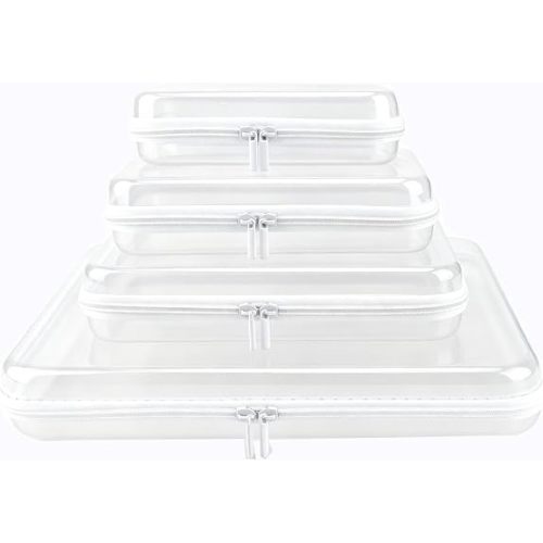 YOPCDJ Clear Hard Shell Zipper Case, Clear Zipper Pouches Waterproof Makeup Organizer & Travel Toiletry Storage Bag, Plastic Pouch for Office, Home, White, 4Pack XL+L+M+S