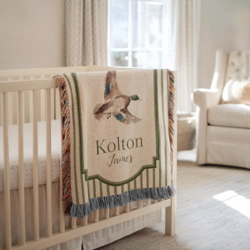 Personalized Mallard Duck Woven Throw Blanket With Name, Hunting Baby Receiving Blanket, Mallard Duck Nursery Decor, Newborn Boy Shower Gift